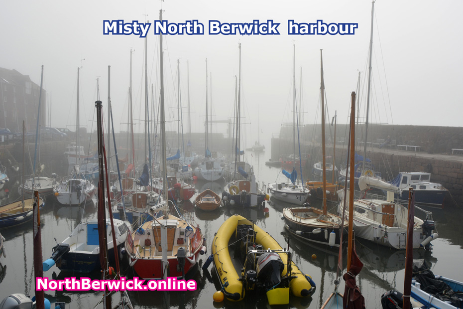 North Berwick harbour and boats in the mist